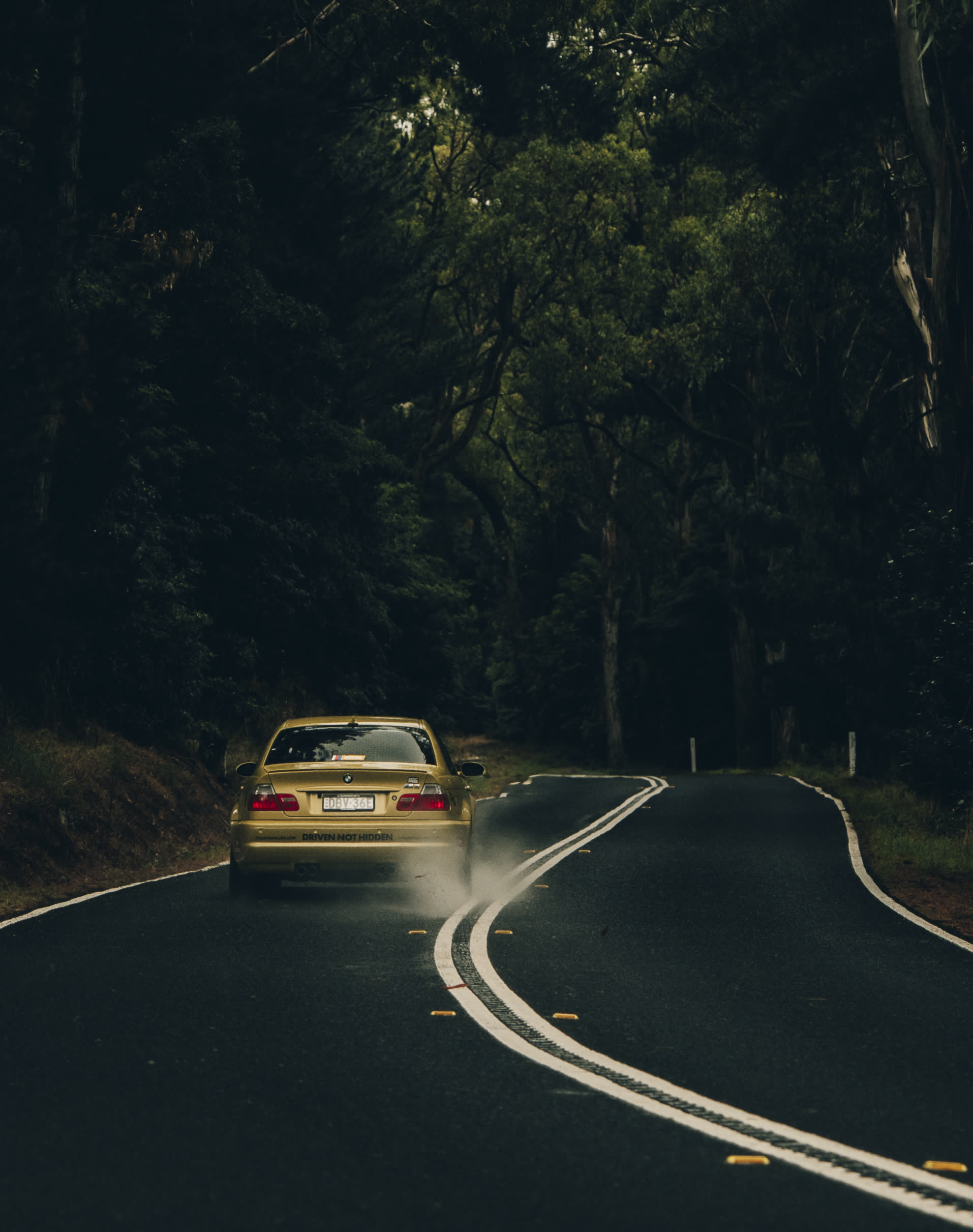 A yellow BMW coupe seen from behind on a dark forest road, spray off the tyres
