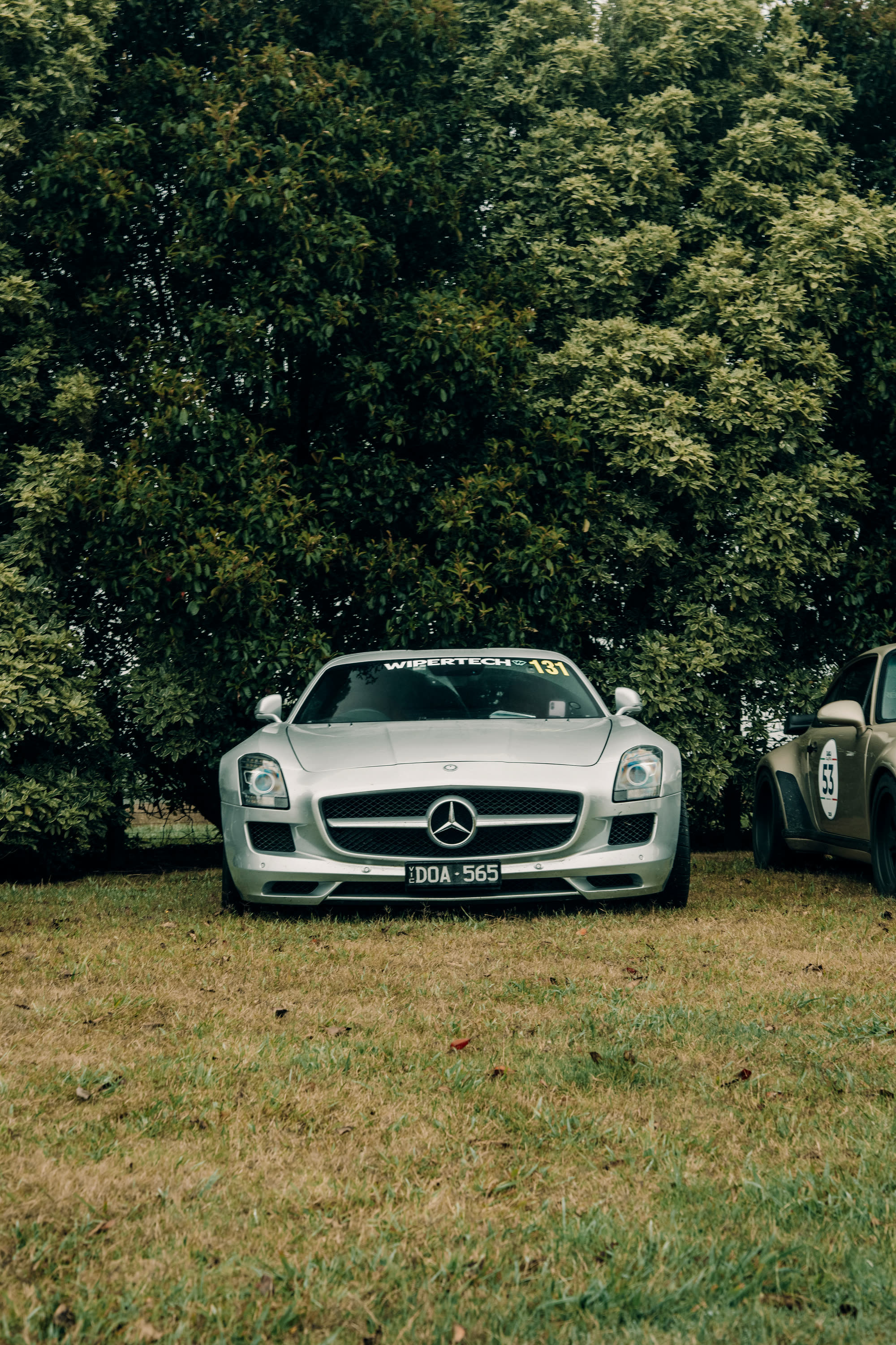 A silver Mercedes-Benz SLS parked on grass in front of a hedge, number 131