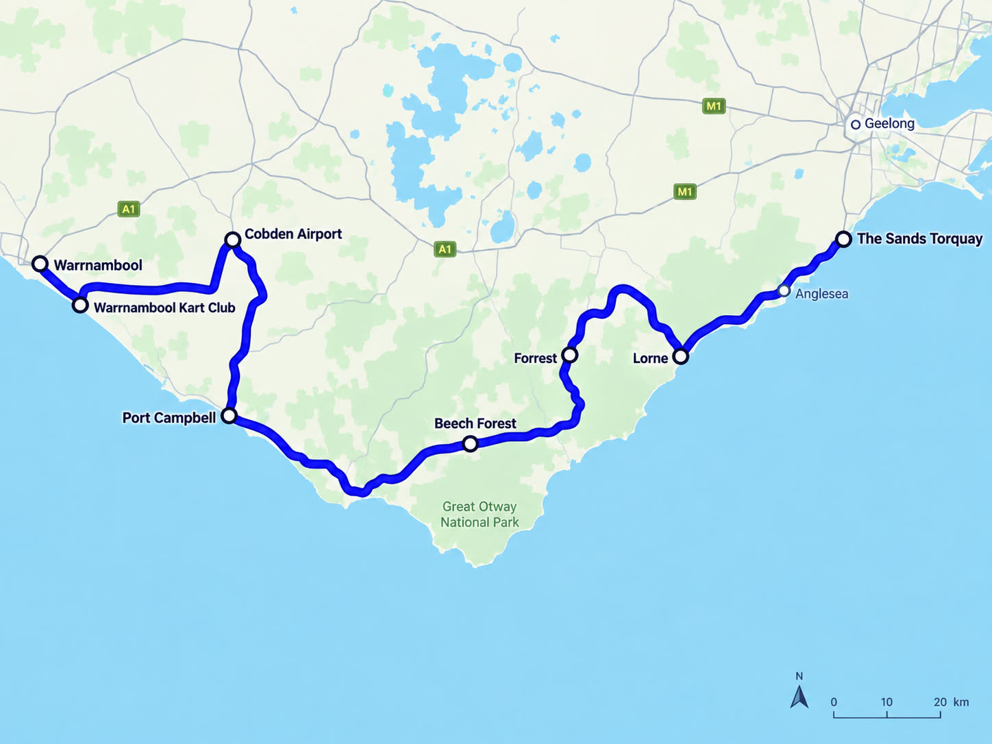 Map of Day 2, Great Ocean Road & Otways