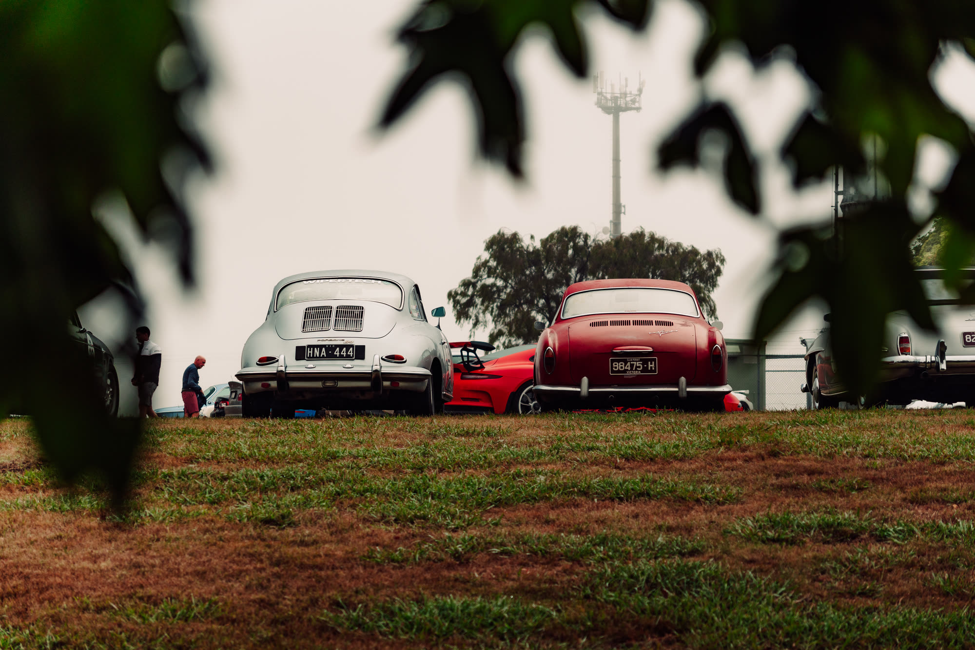Rear view of a white Porsche 356 and red Karmann Ghia parked on grass