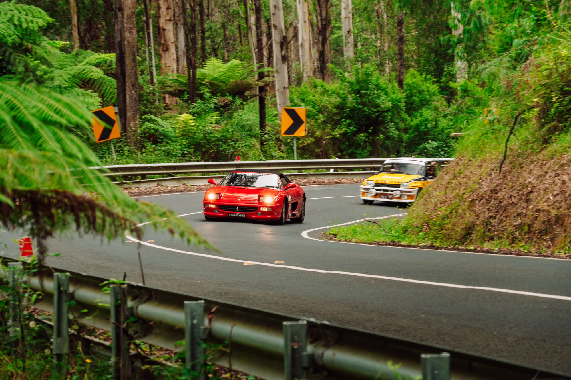 A red Ferrari and a yellow rally car through a forest corner with chevron signs