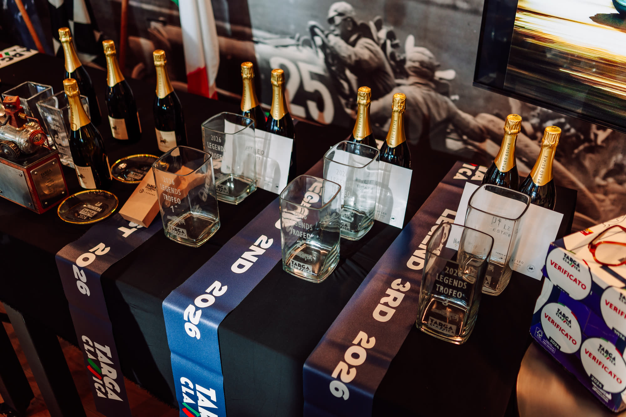 First, second and third trophy plinths laid out before a presentation