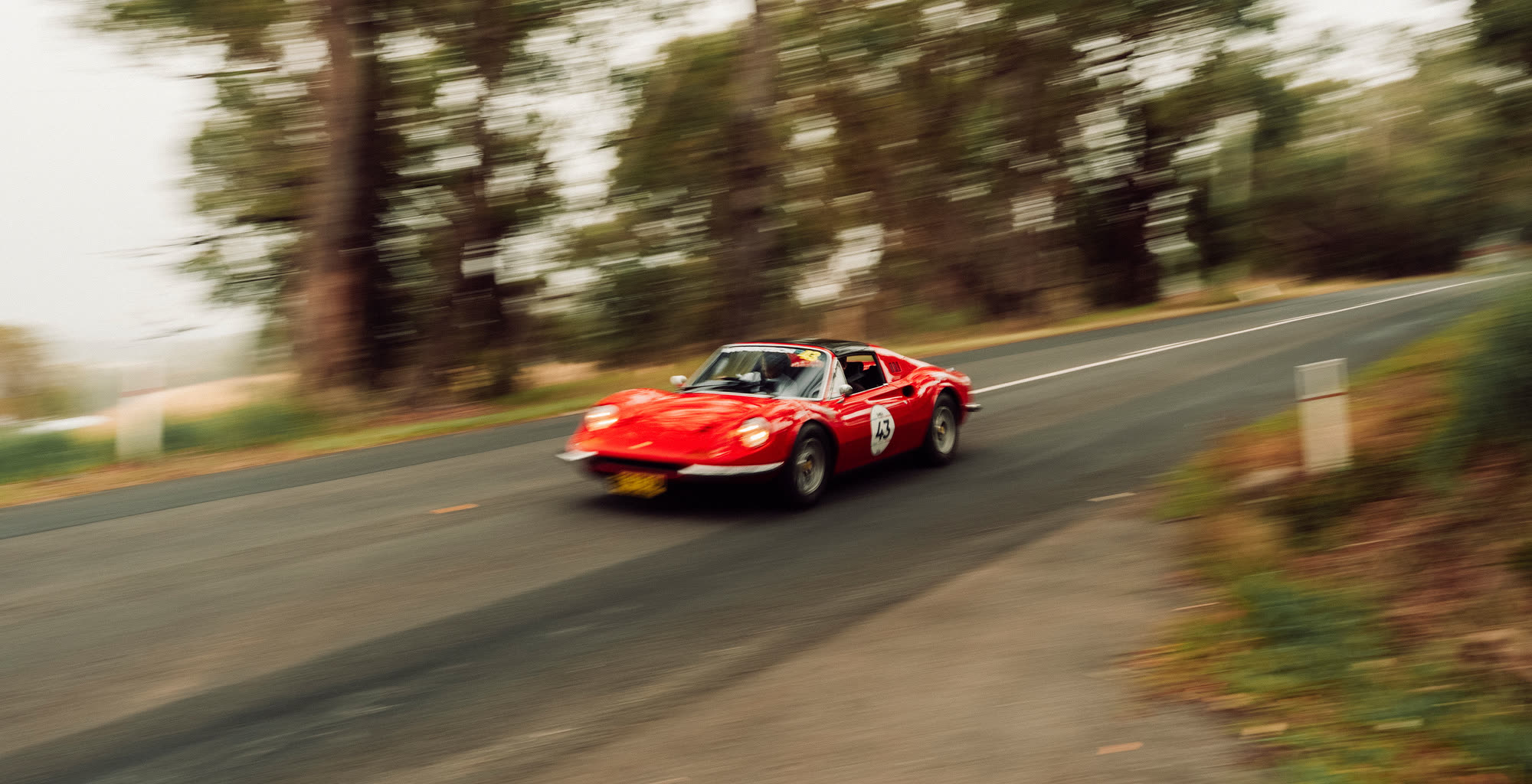 A red Ferrari Dino panned at speed on a country road, number 43